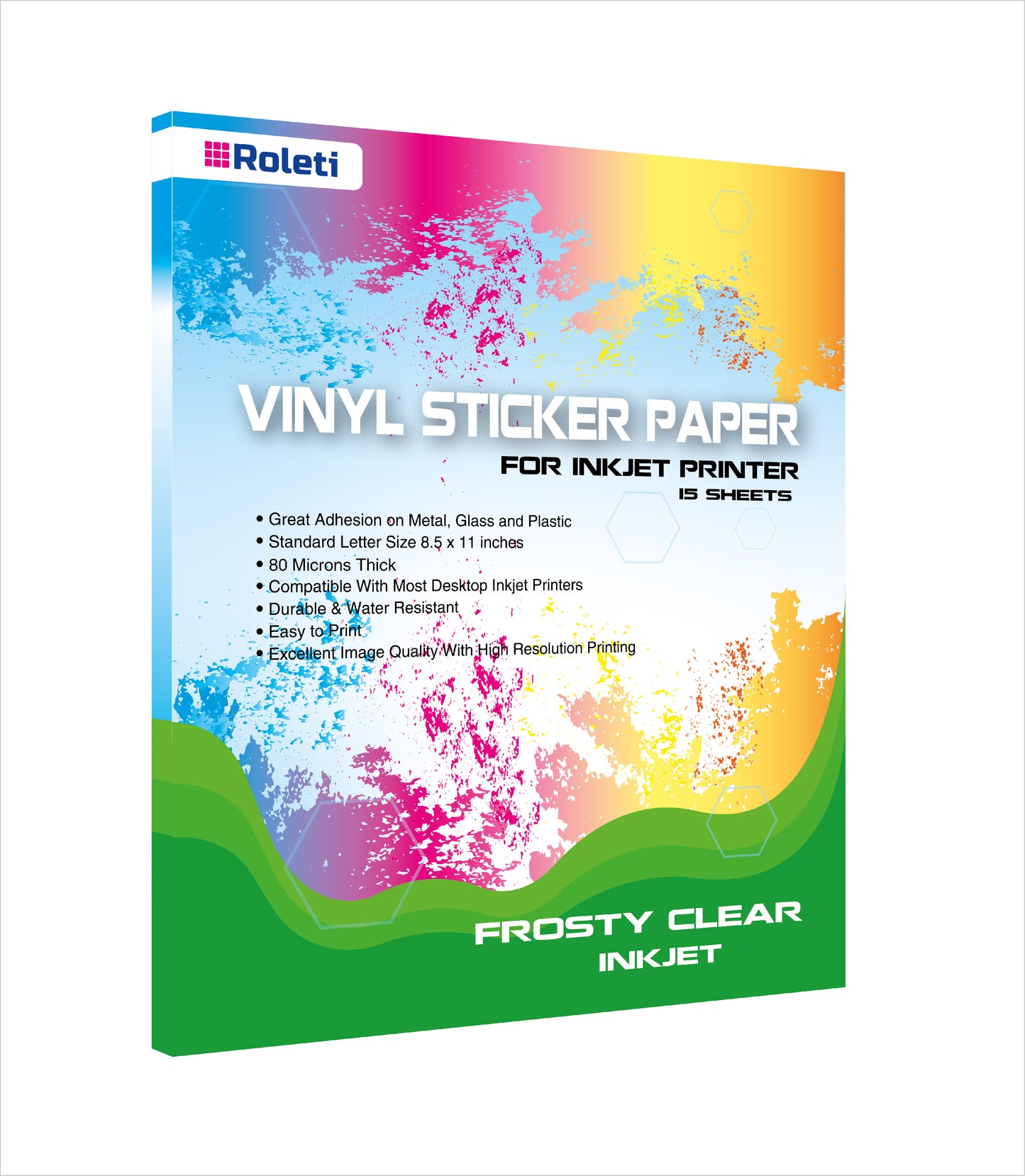 Papel fotografico adhesivo de Plastico PET Transparente ESCARCHADO Imprimible, resistente al agua, 58 hojas por Pack, Tamaño Carta 21.6cm x 28cm