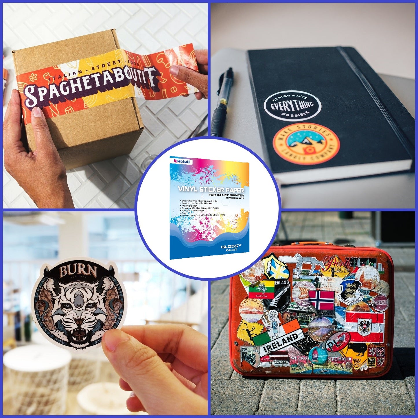 Papel fotografico adhesivo Imprimible, 43 hojas por Pack, Tamaño Carta 21.6cm x 28cm Compatible con todas las impresoras Inkjet del mercado